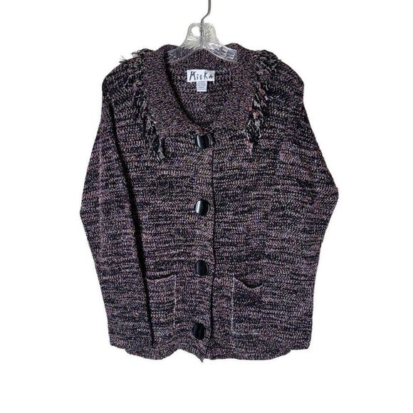 Mieka New York Tweed Sweater Jacket Fringe Collar Button Cardigan M - Picture 1 of 14
